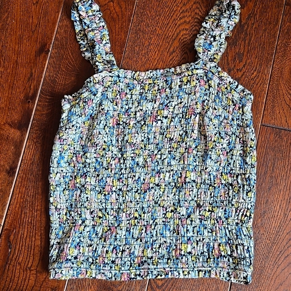 Abercrombie Square Neck Smocked Lettuce Trim Floral Tank Top Boho Casual Size M
